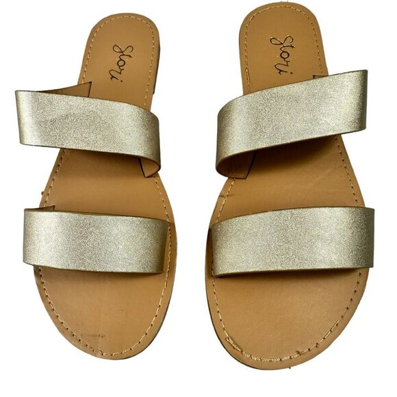 Gold Metallic Double Wide Straps Slide Sandal‎ Women's Slip on Size 8 - Picture 5 of 9